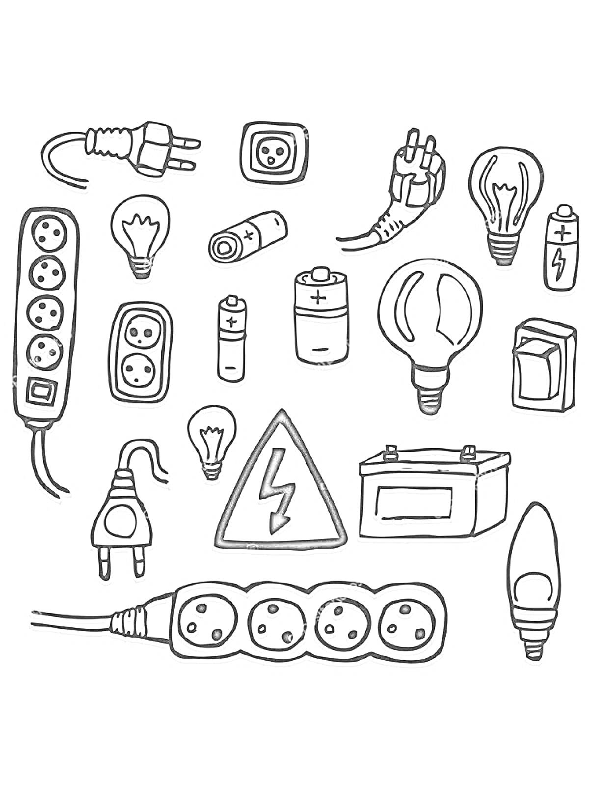 Раскраска Набор электрических элементов: удлинители, розетки, лампочки, батарейки, штепсели, электрический знак, предохранитель, электрическая лампа