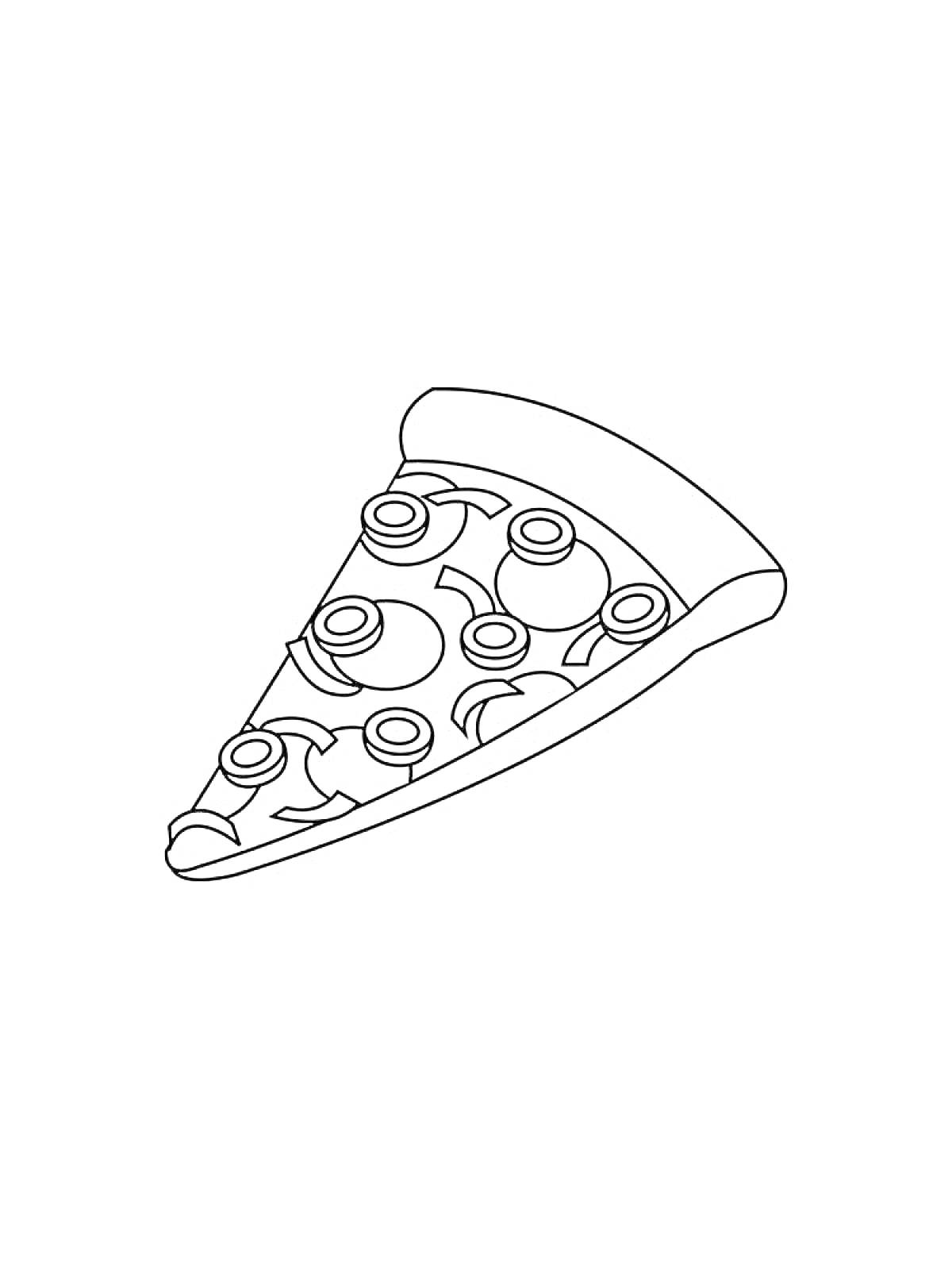 Раскраска Кусок пиццы с глазами на кусочках пепперони
