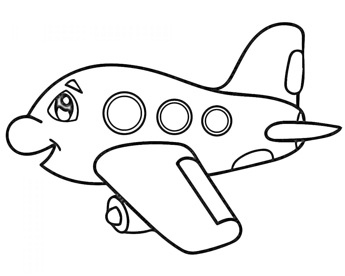 Раскраска Самолет с улыбающимся лицом и иллюминаторами