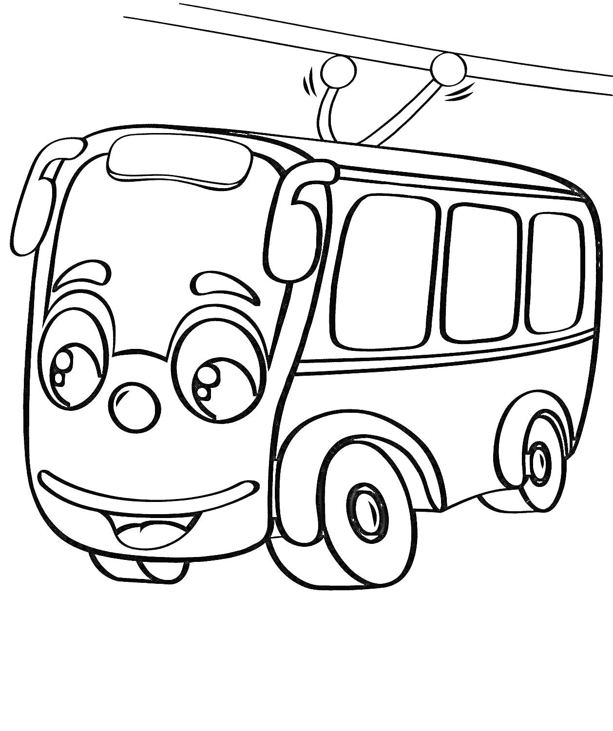 Раскраска Троллейбус с глазами и улыбкой, подключенный к проводам