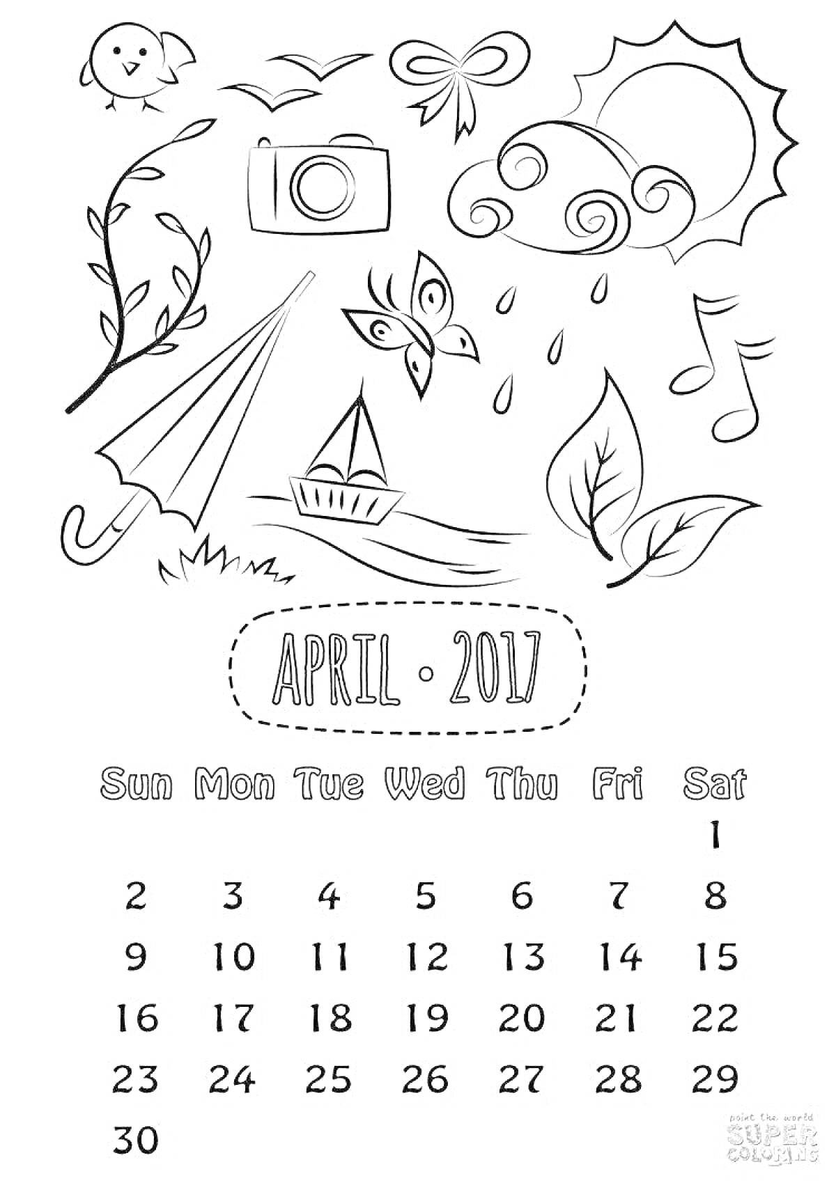 На раскраске изображено: Календарь, Апрель, 2017, Камера, Бабочка, Солнце, Тучи, Музыкальная нота