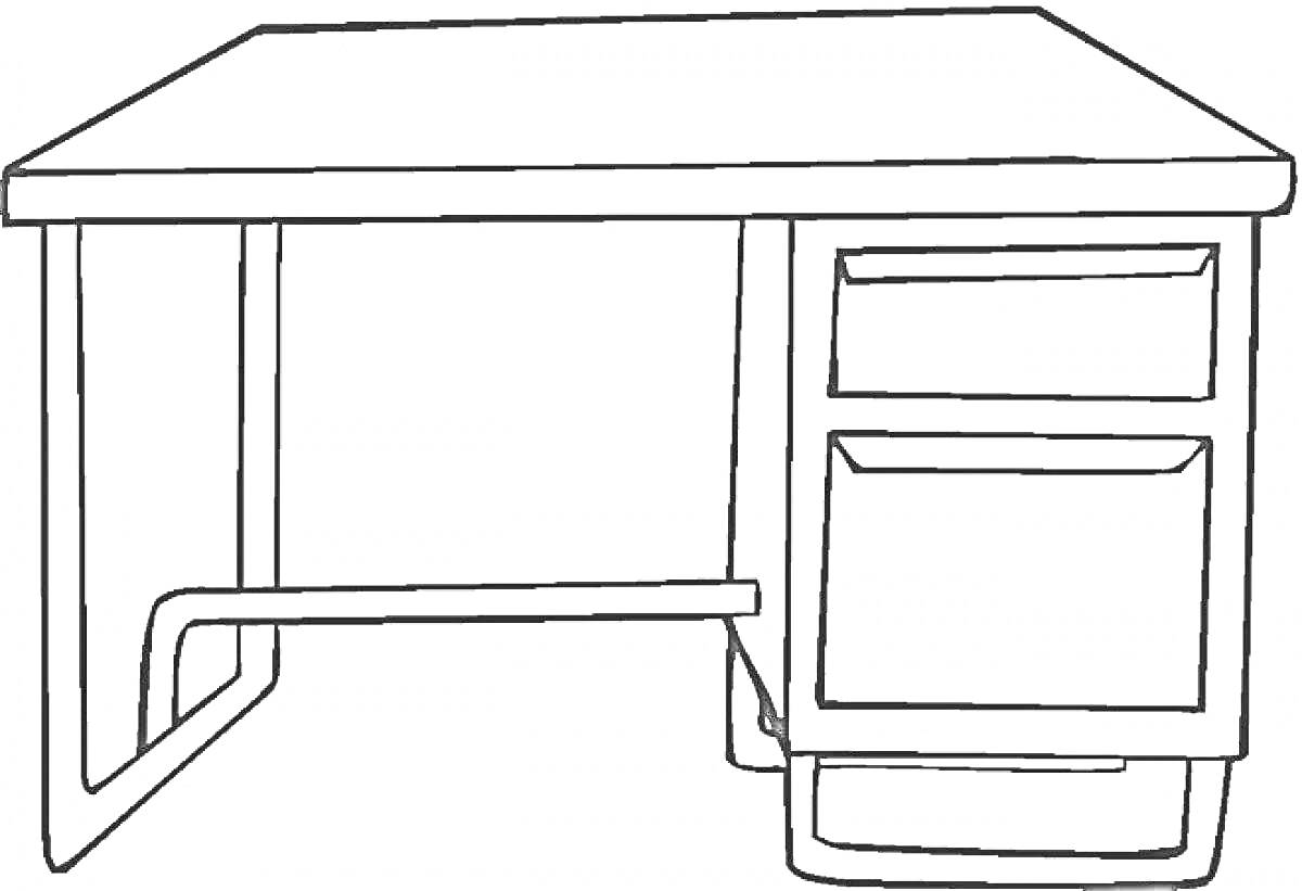 На раскраске изображено: Письменный стол, Стол, Мебель, Ящики, Рабочее место