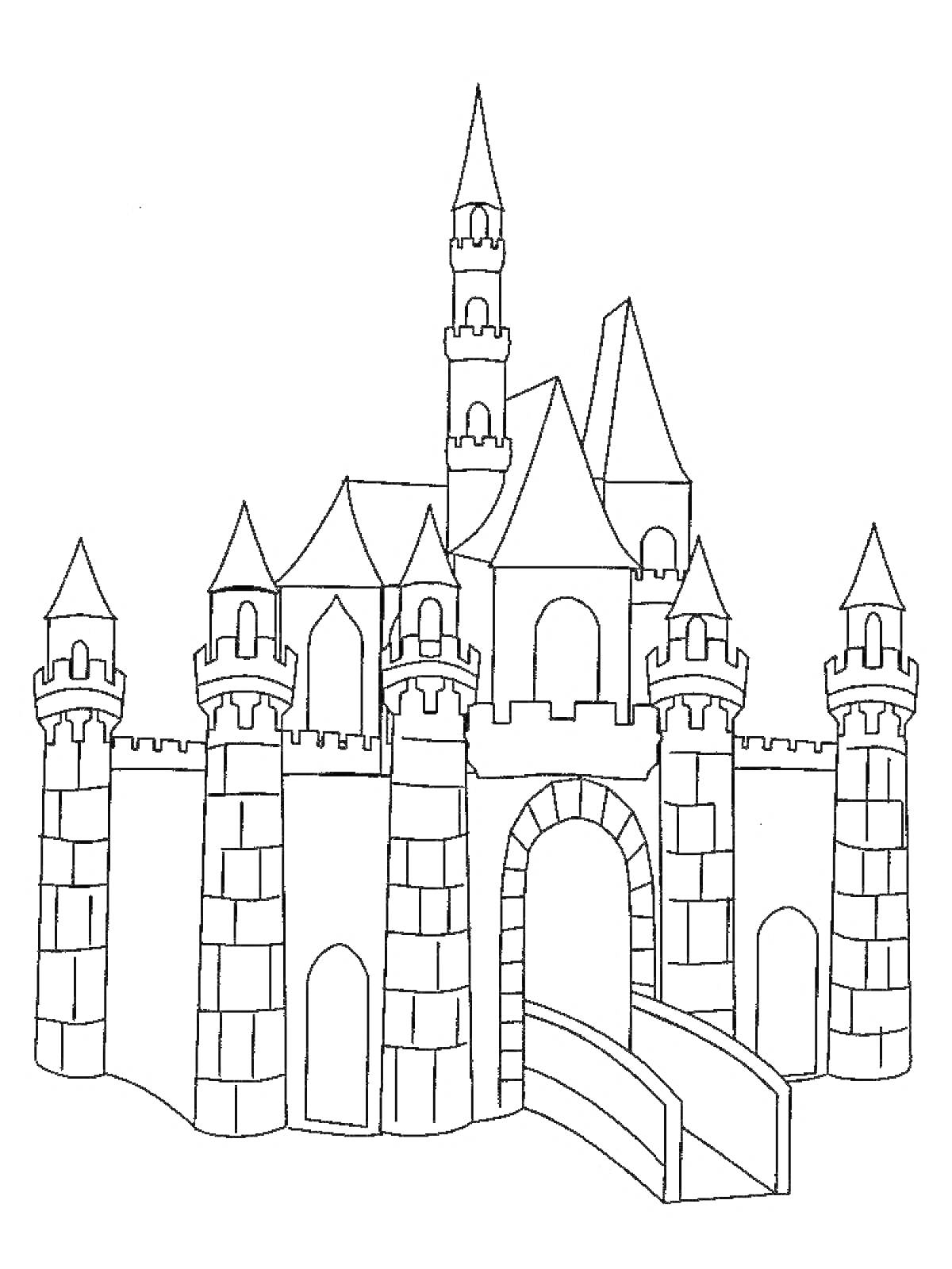 На раскраске изображено: Замок, Башни, Мост, Крепость, Архитектура, Арка, Крыша, Стена, Из сказок, Средневековье