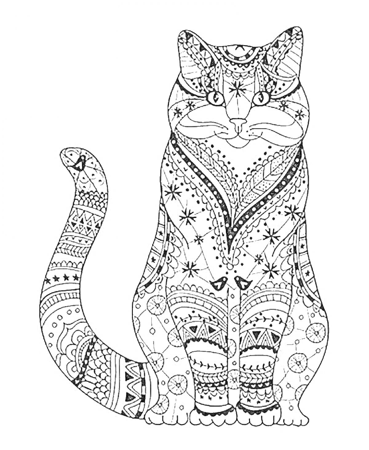 РаскраскаАнтистресс раскраска с сидящей кошкой, украшенной детализированными узорами и орнаментами