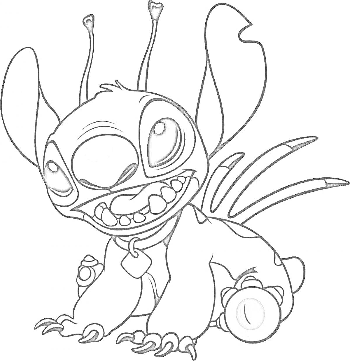 Раскраска Стич с антеннами и большими ушами, сидящий со смущённым видом