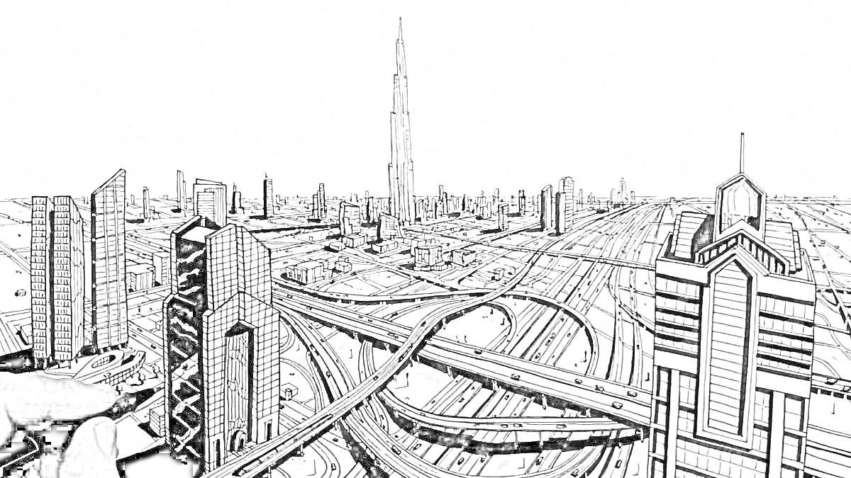На раскраске изображено: Дубай, Небоскребы, Дороги, Здания, Архитектура, Мегаполис, Урбанистика