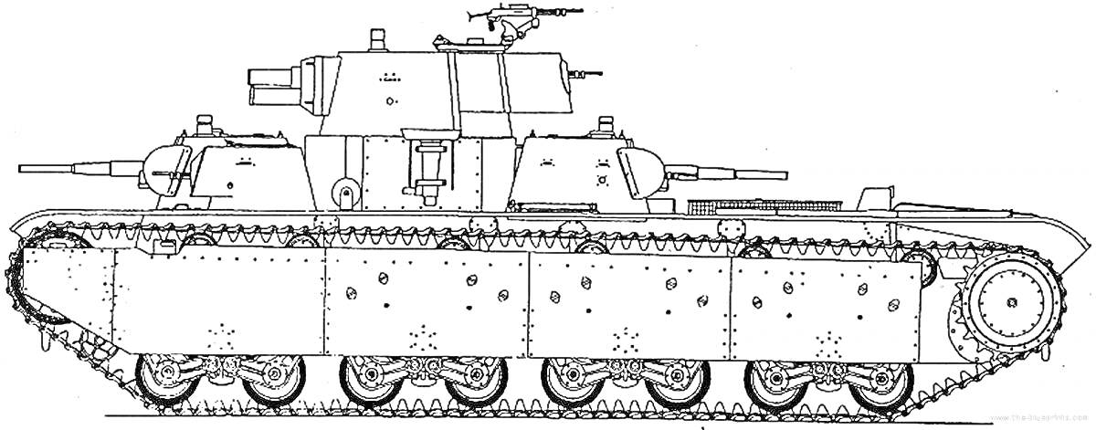 Раскраска Танковая раскраска с моделью КВ-44 с деталями, включая башню, гусеницы, пулемёт, выхлопные трубы и бронированные пластины