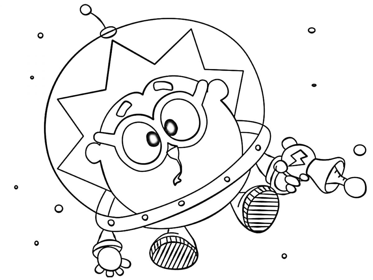 Раскраска Космонавт в скафандре с игрушкой в руке и множеством звезд