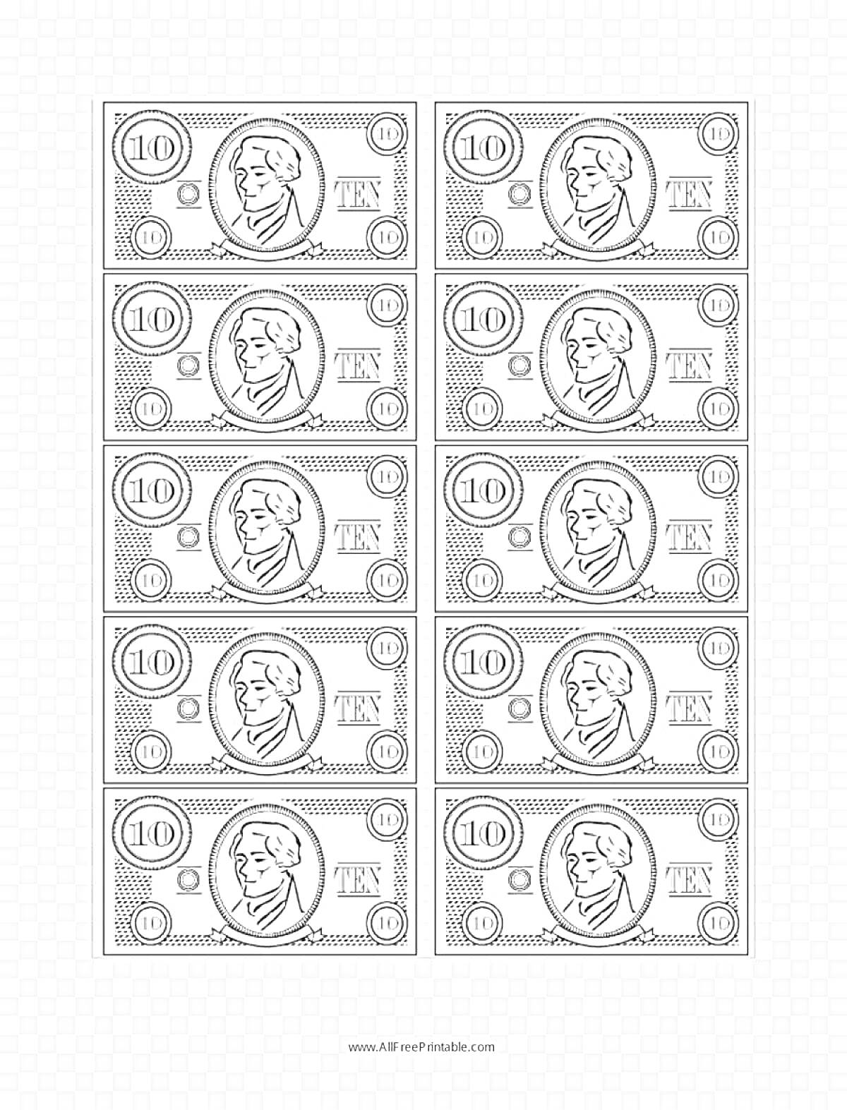 Раскраска банкноты с цифрой 10, портретом человека в круге, цифрами 