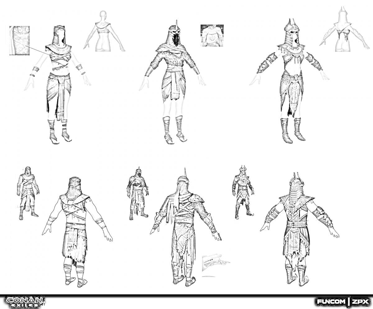 Раскраска Персонажи Conan Exiles в различных боевых костюмах