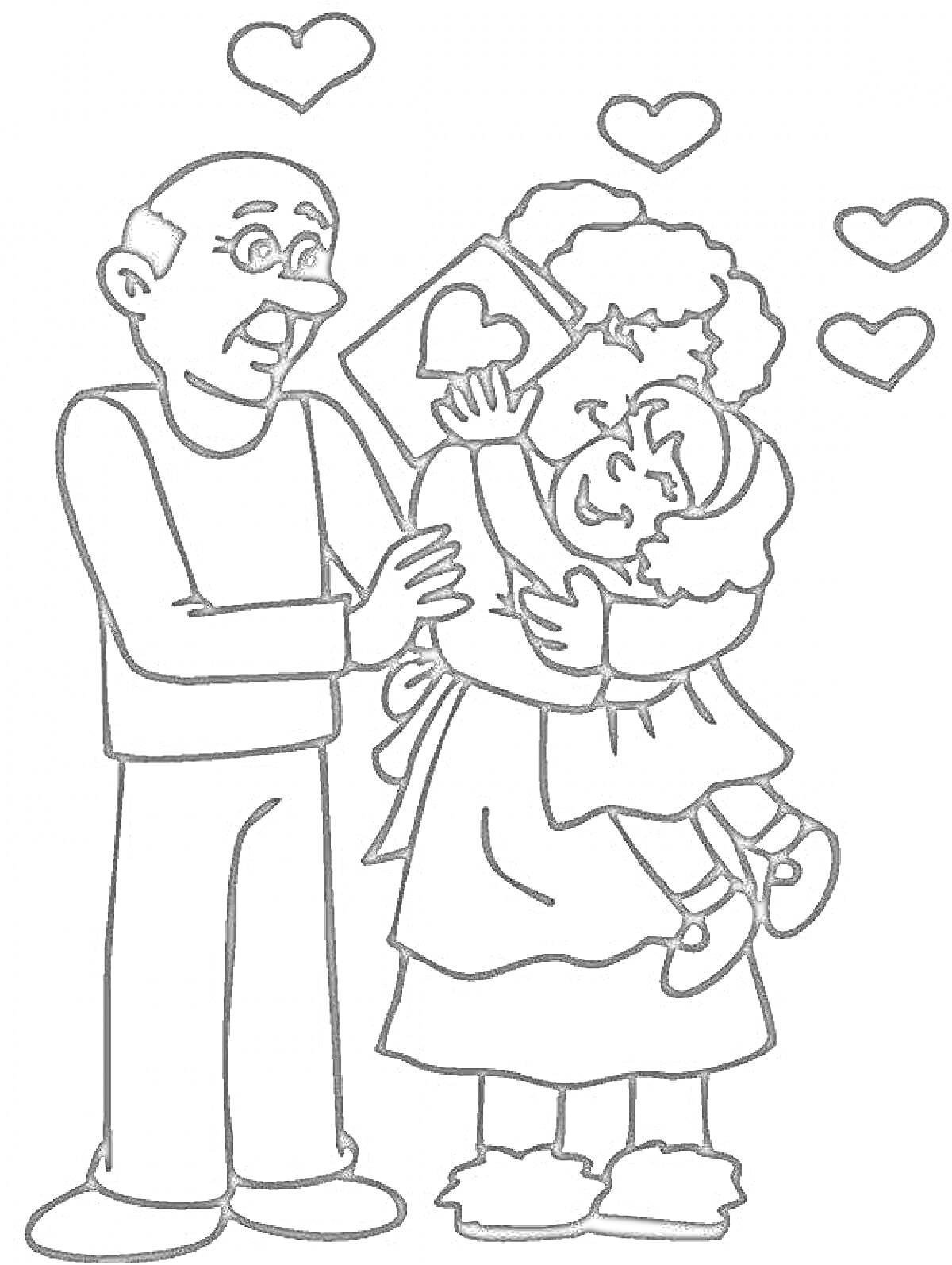 Раскраска Бабушка обнимает внучку, дедушка держит открытку с сердцем в доме, несколько сердечек вокруг