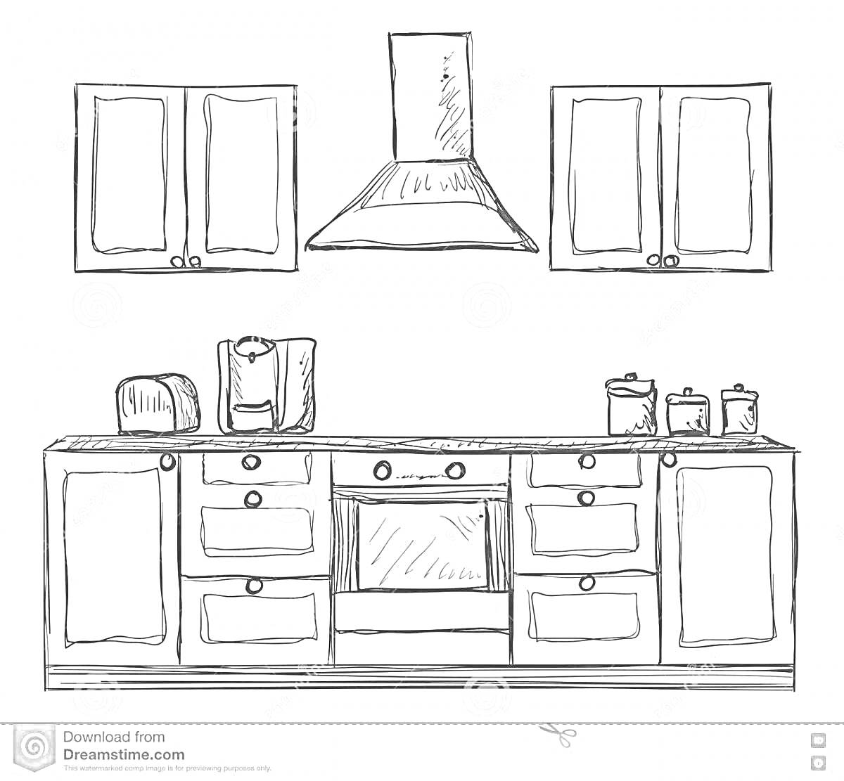Раскраска Кухня с навесными и нижними шкафами, вытяжкой, тостером, кофеваркой и баночками