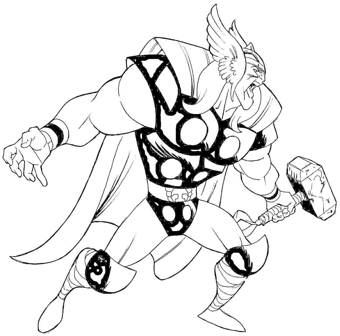 Раскраска Тор с молотом Mjölnir, в шлеме с крыльями, плаще и броне