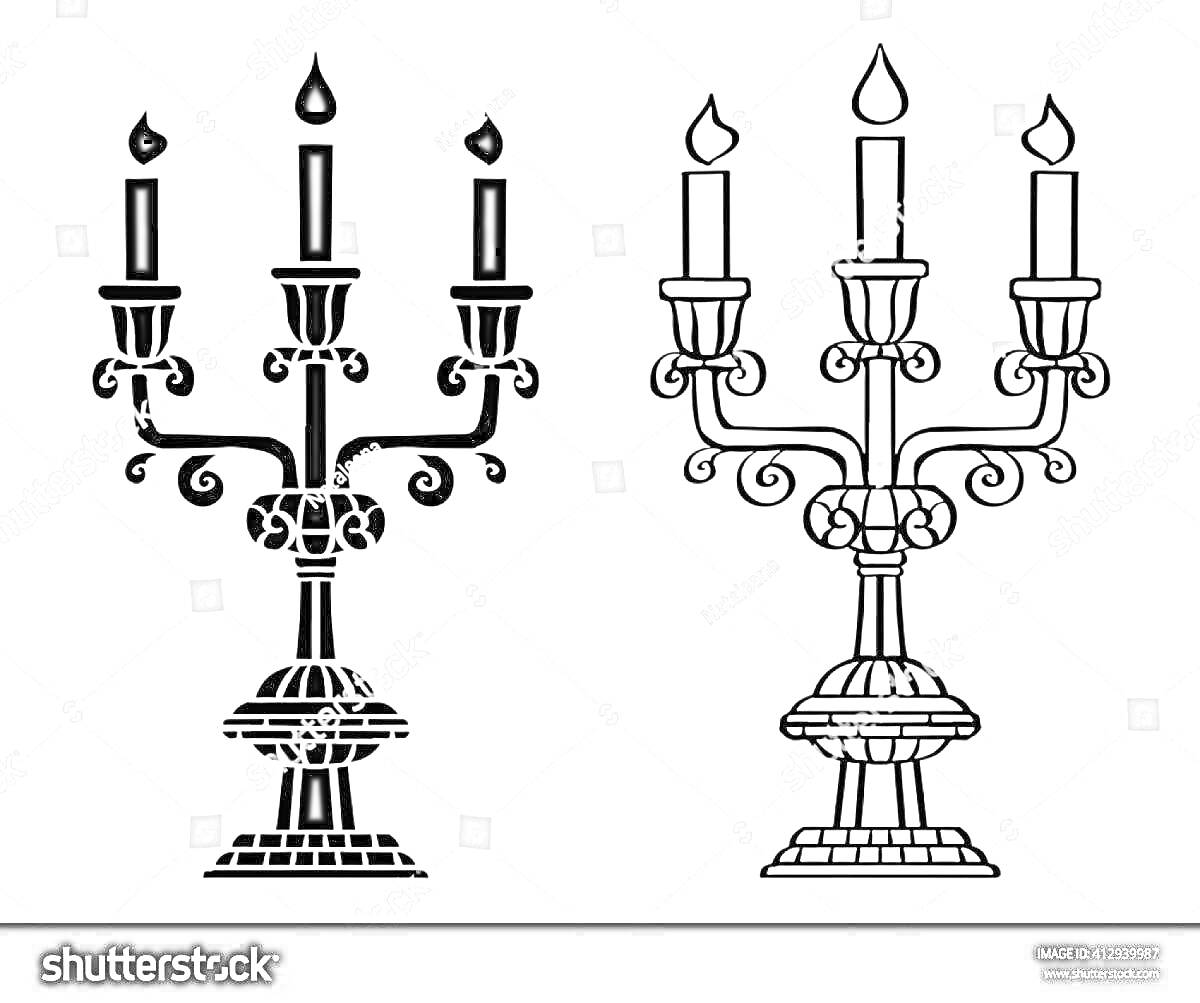 Раскраска Подсвечник с пятью свечами (черный силуэт и контур)