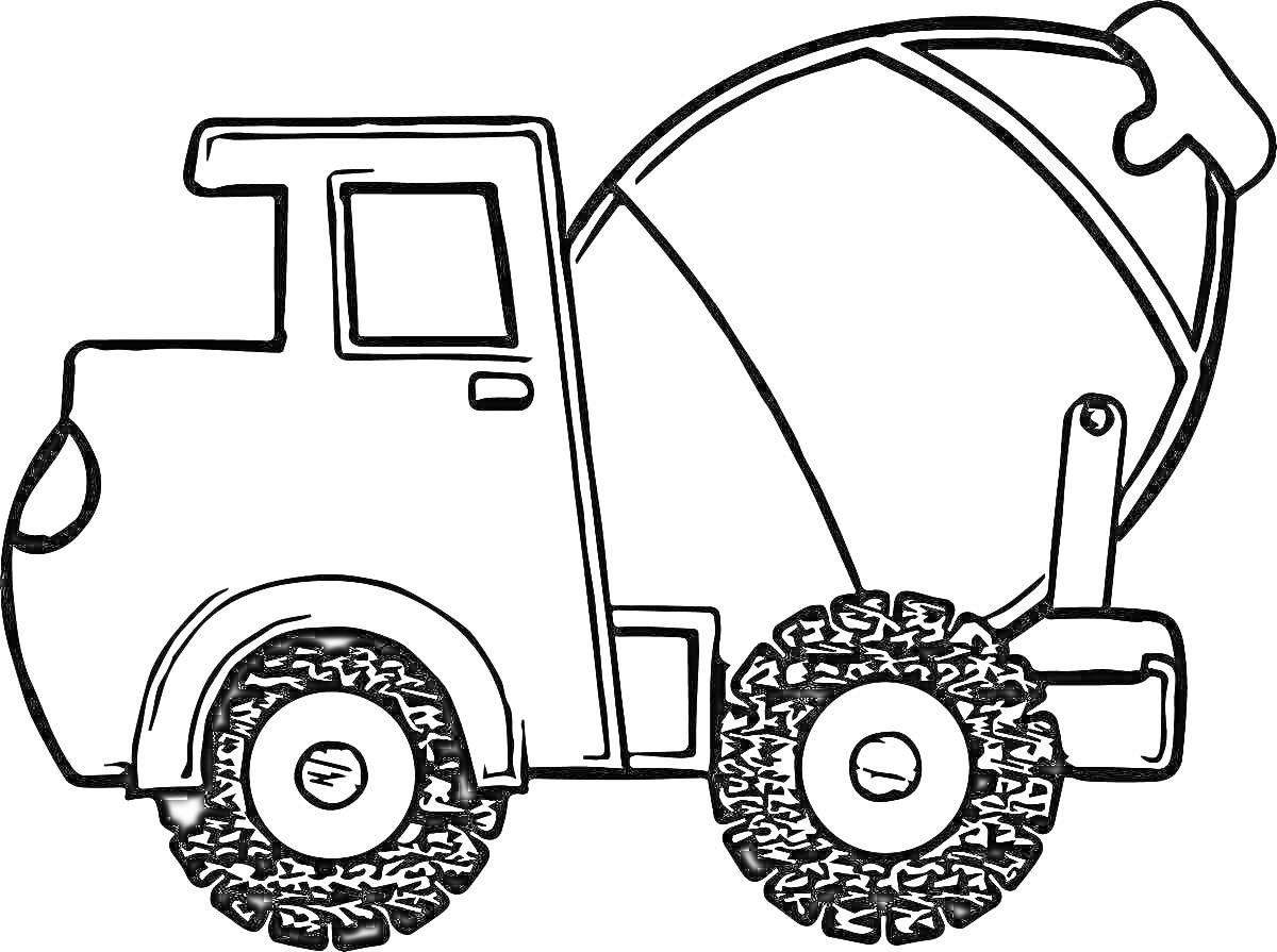 Раскраска Бетономешалка Лева с большими колесами и бетонным барабаном