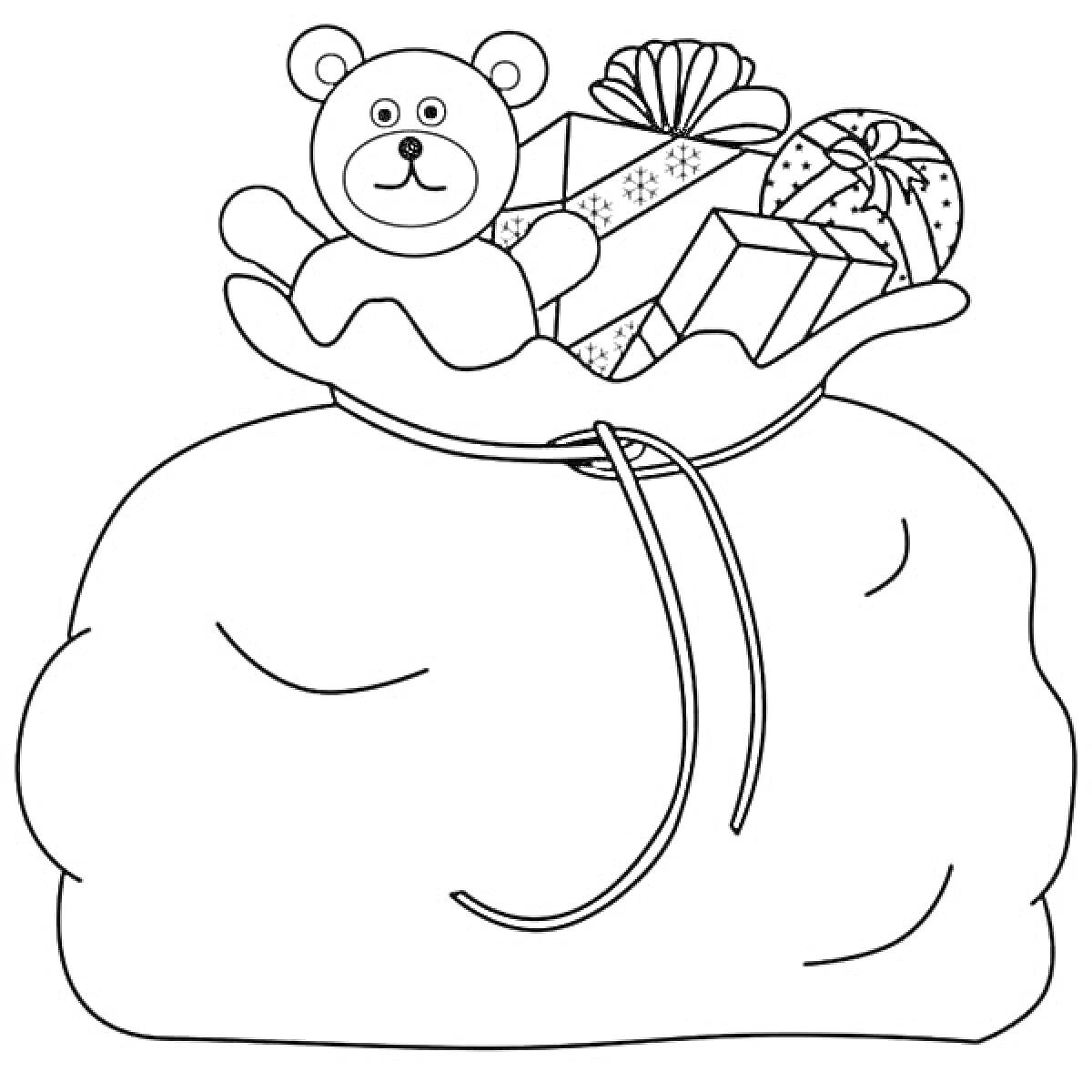 На раскраске изображено: Подарки, Плюшевый медведь, Бант, Игрушки, Мешки, Праздники