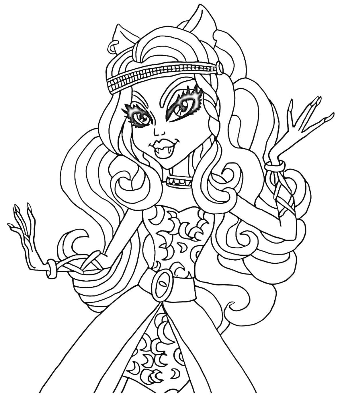 Раскраска Девушка с длинными волнистыми волосами, поднятыми руками и обручем на голове
