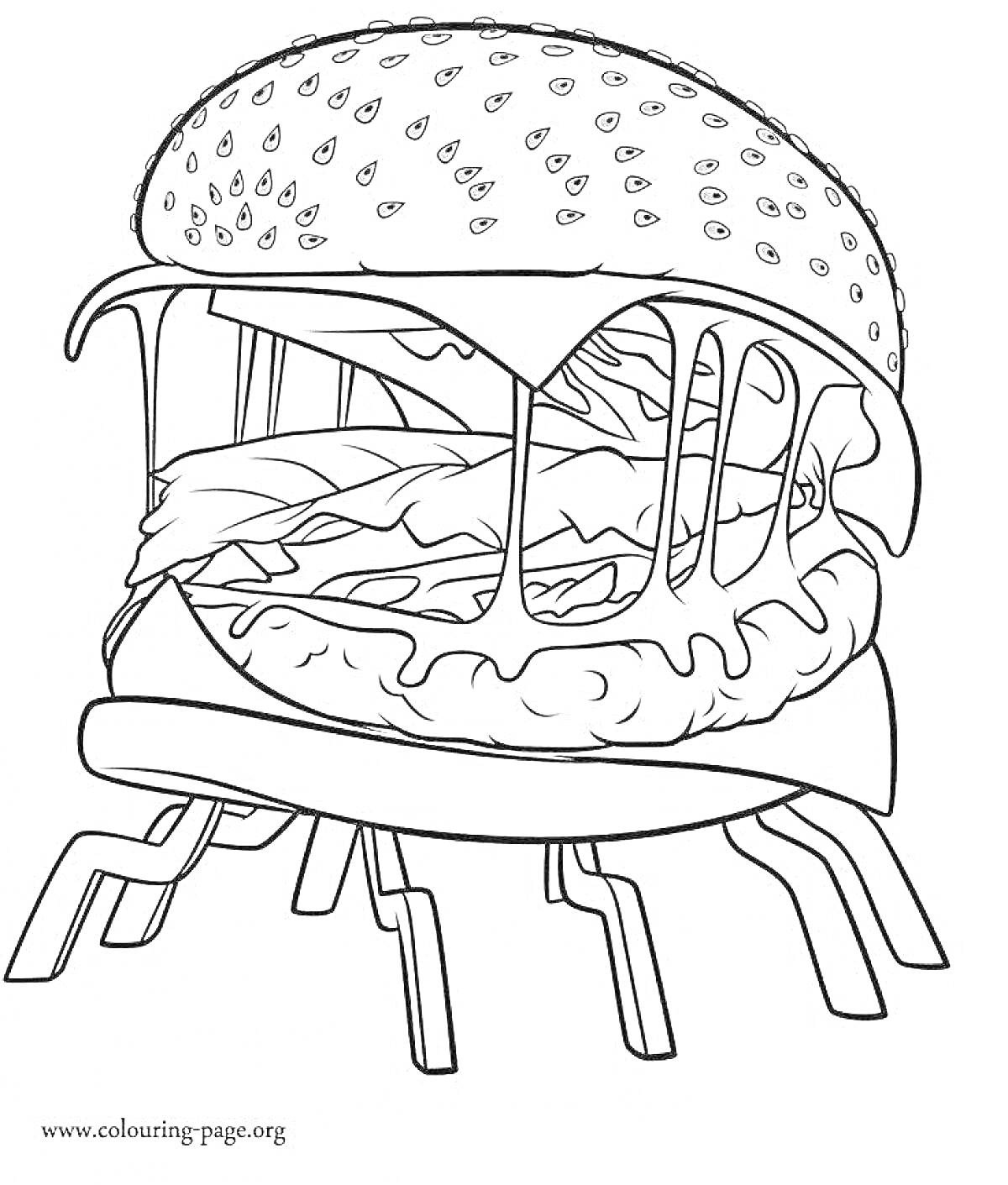 Раскраска Гамбургер с сыром, мясной котлетой, салатом и луковыми кольцами на ножках