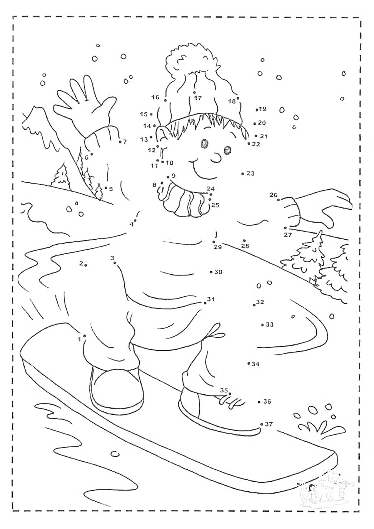На раскраске изображено: Зима, По цифрам, Мальчик, Сноуборд, Снег, Деревья, Горы, Зимний пейзаж