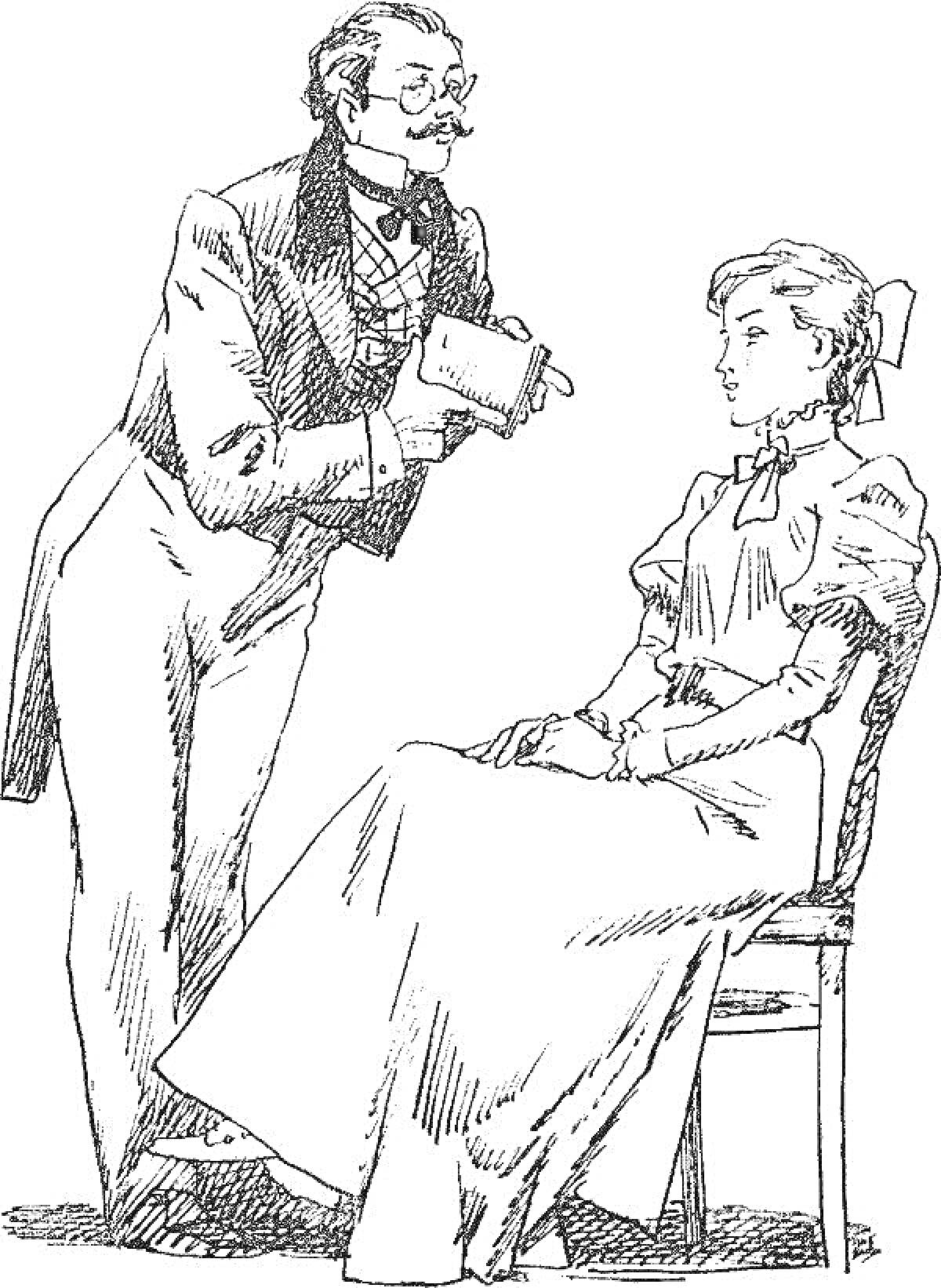 Раскраска Врач в очках и пиджаке держит блокнот и разговаривает с женщиной на стуле в платье