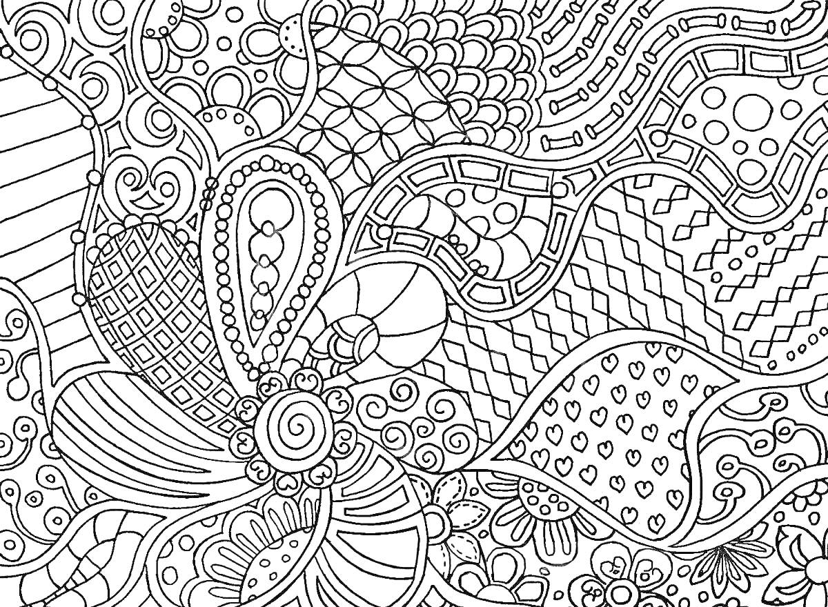 Раскраска Абстрактный узор с элементами волн, завитков, сердечек, ромбов и цветочных мотивов