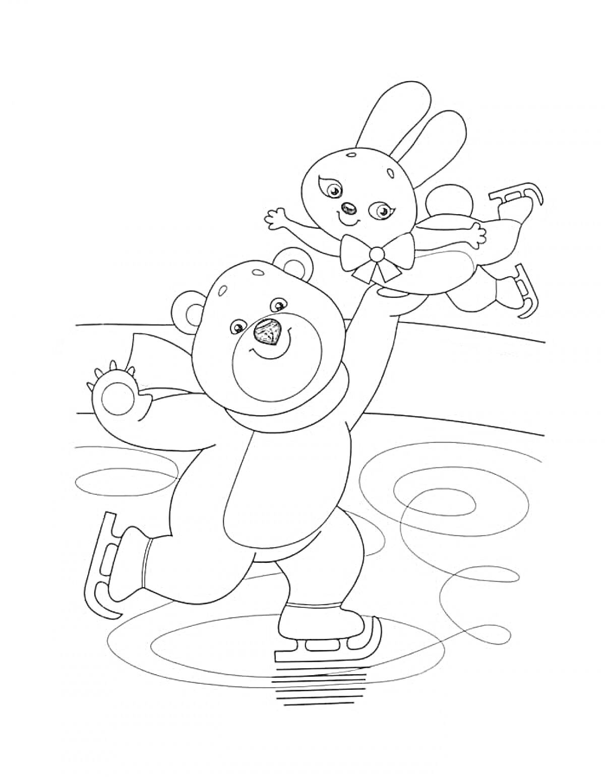 Медведь и заяц катаются на коньках на катке