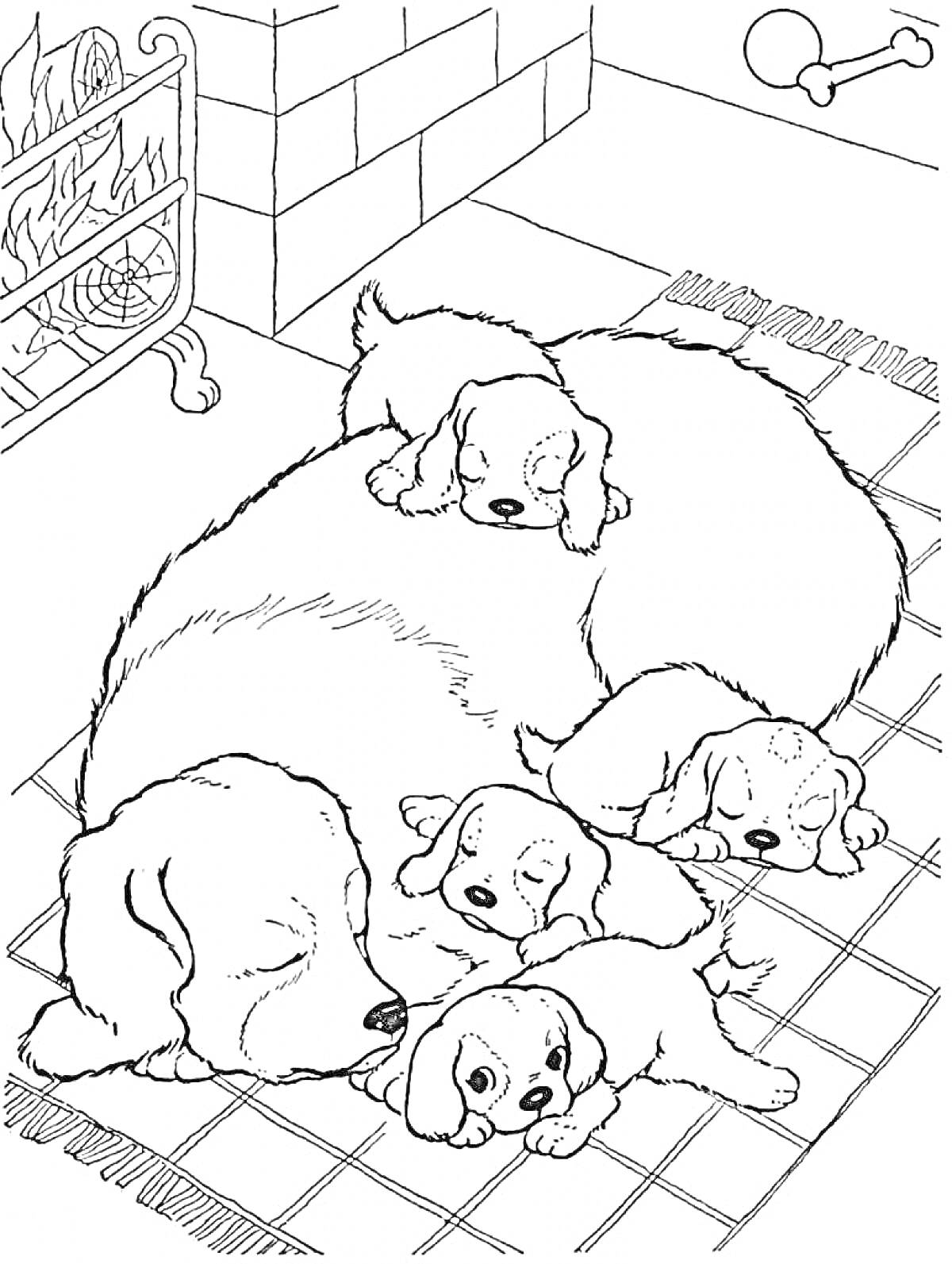 На раскраске изображено: Собака, Отдых, Сон, Ковер, Камин, Домашние животные