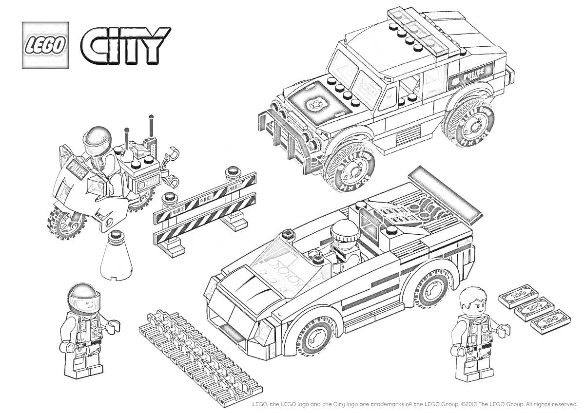 Раскраска Лего машинистая, джип, легковой автомобиль, четыре минифигурки, конусы, баррикада, деньги