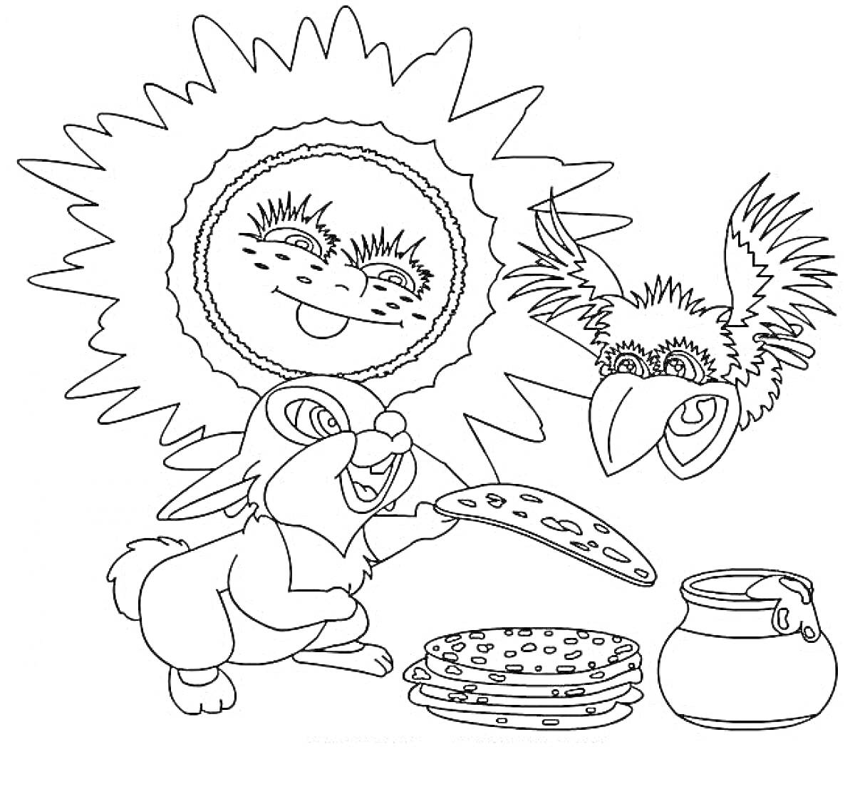 Раскраска Заяц с блинами, масленичная кукла Солнце, праздничная маска с кувшином