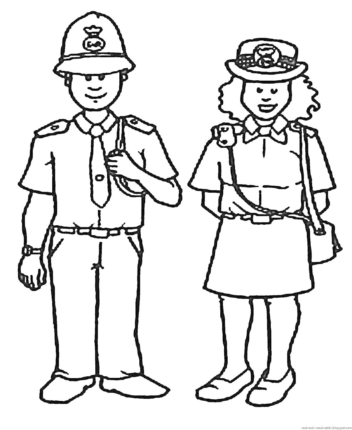 Раскраска Полицейские - мужчина и женщина с рациями