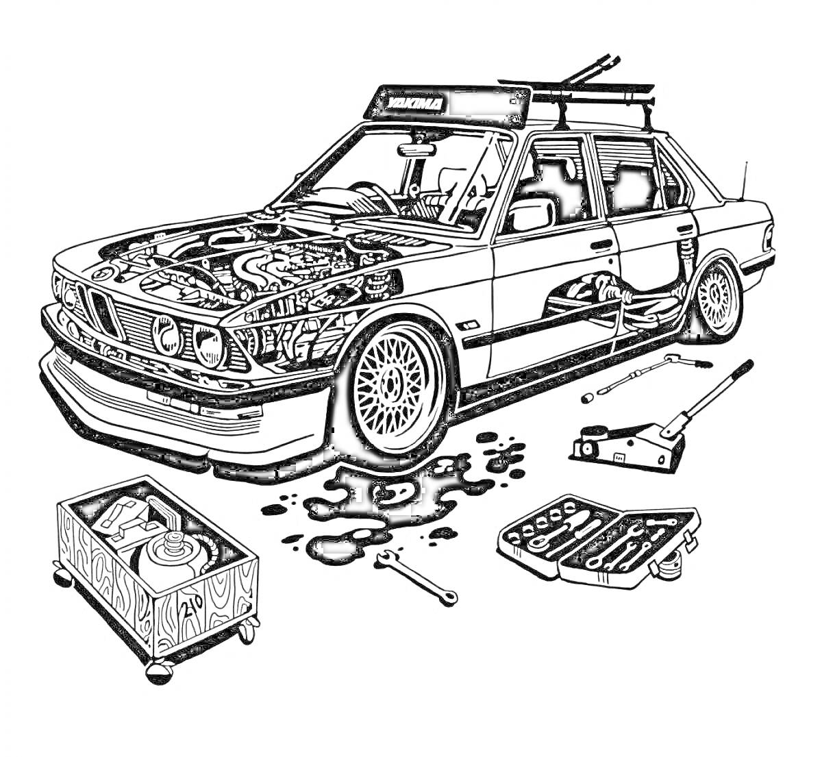 Раскраска Раскраска с разобранным автомобилем BMW E34 и инструментами