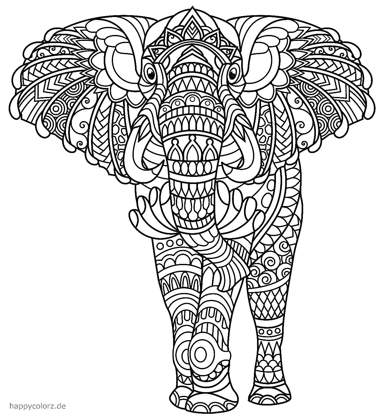 На раскраске изображено: Слон, Узоры, Орнамент, Животные