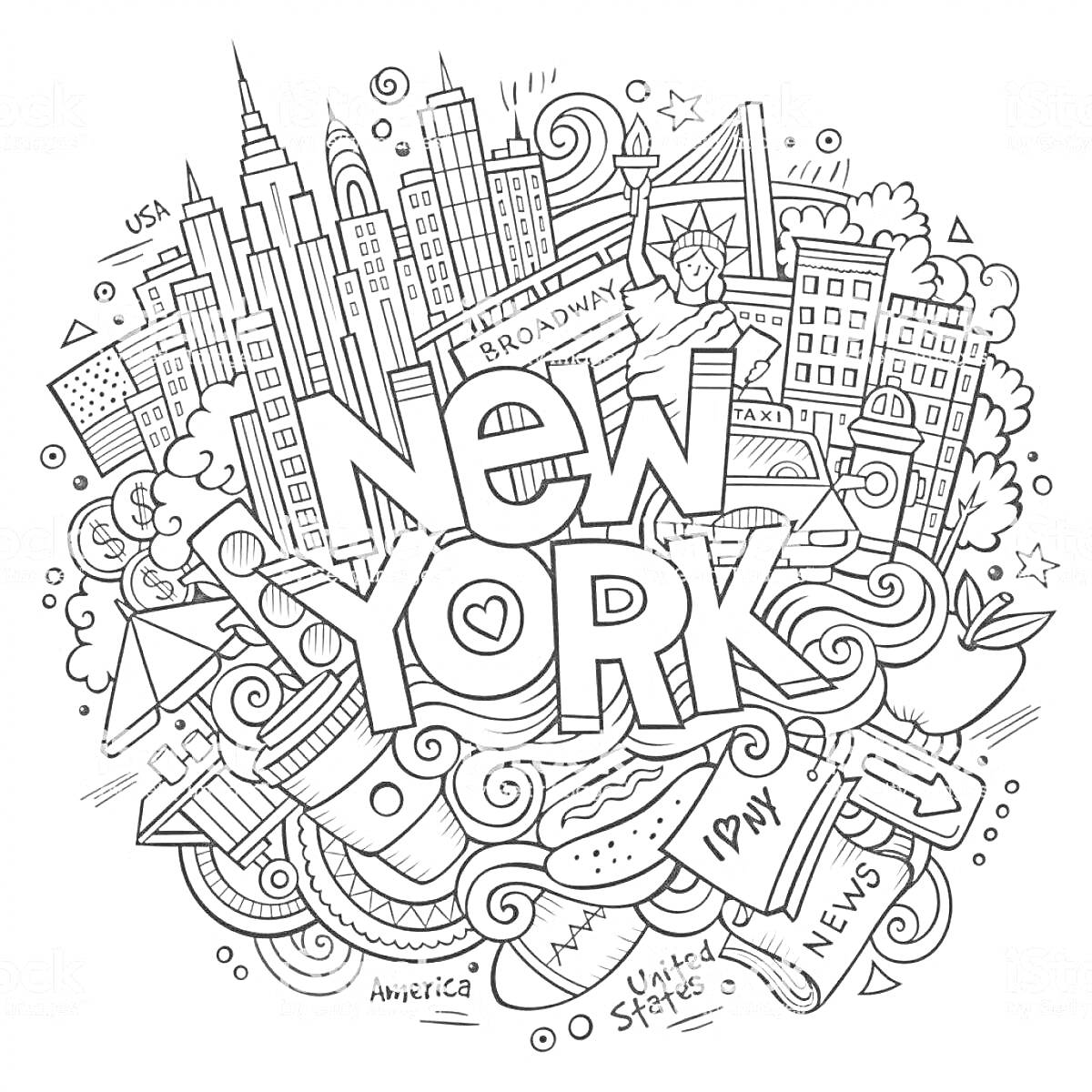 На раскраске изображено: Нью-Йорк, США, Небоскребы, Америка, Новости, Мегаполис, Архитектура, Путешествия, Достопримечательности