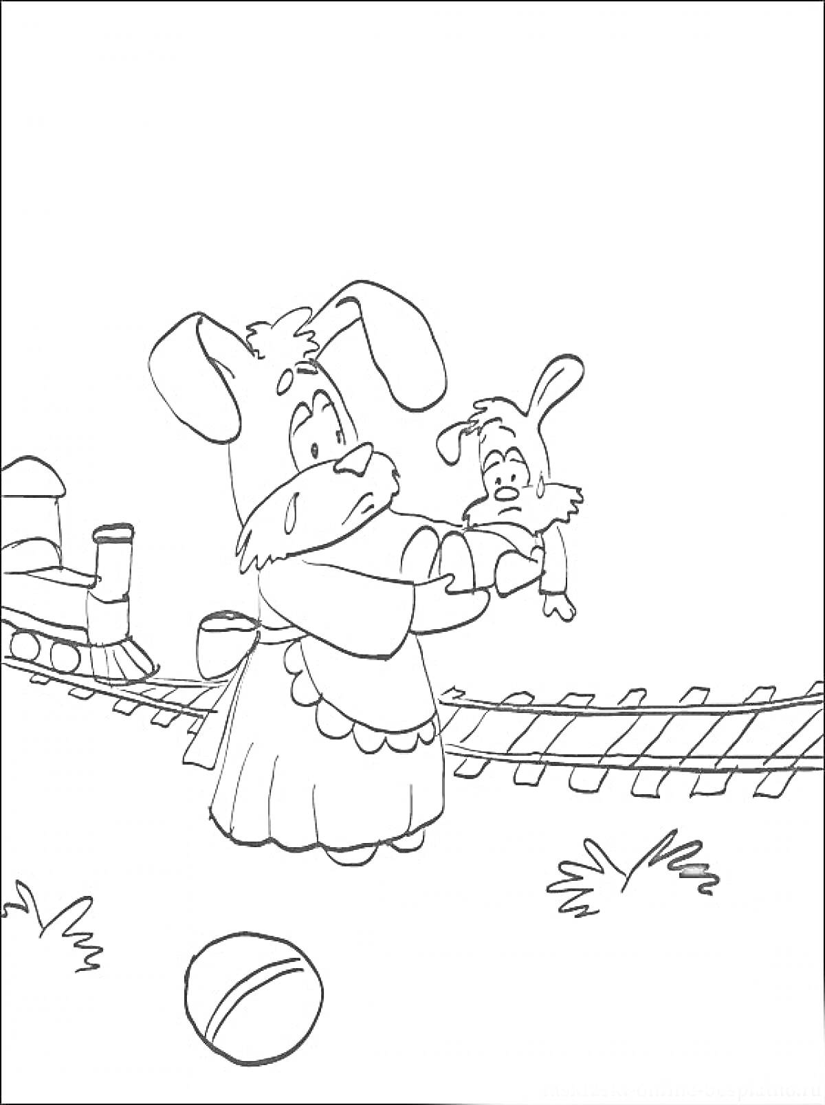 Раскраска Айболит с крольчонком рядом с железной дорогой и поездом