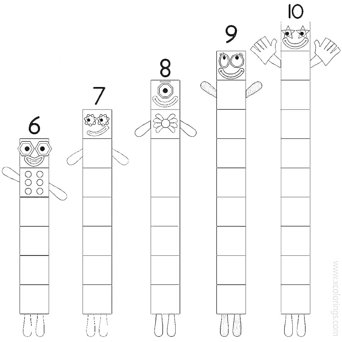 Раскраска Номерные блоки - Блоки с числами 6, 7, 8, 9, 10 стоят в ряд