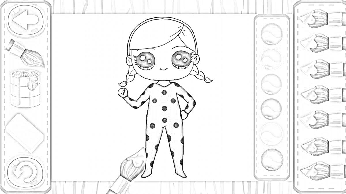 Раскраска Кукла из игры кальмара в комбинезоне с черными точками на фоне холста с палитрой красок и инструментами для раскрашивания