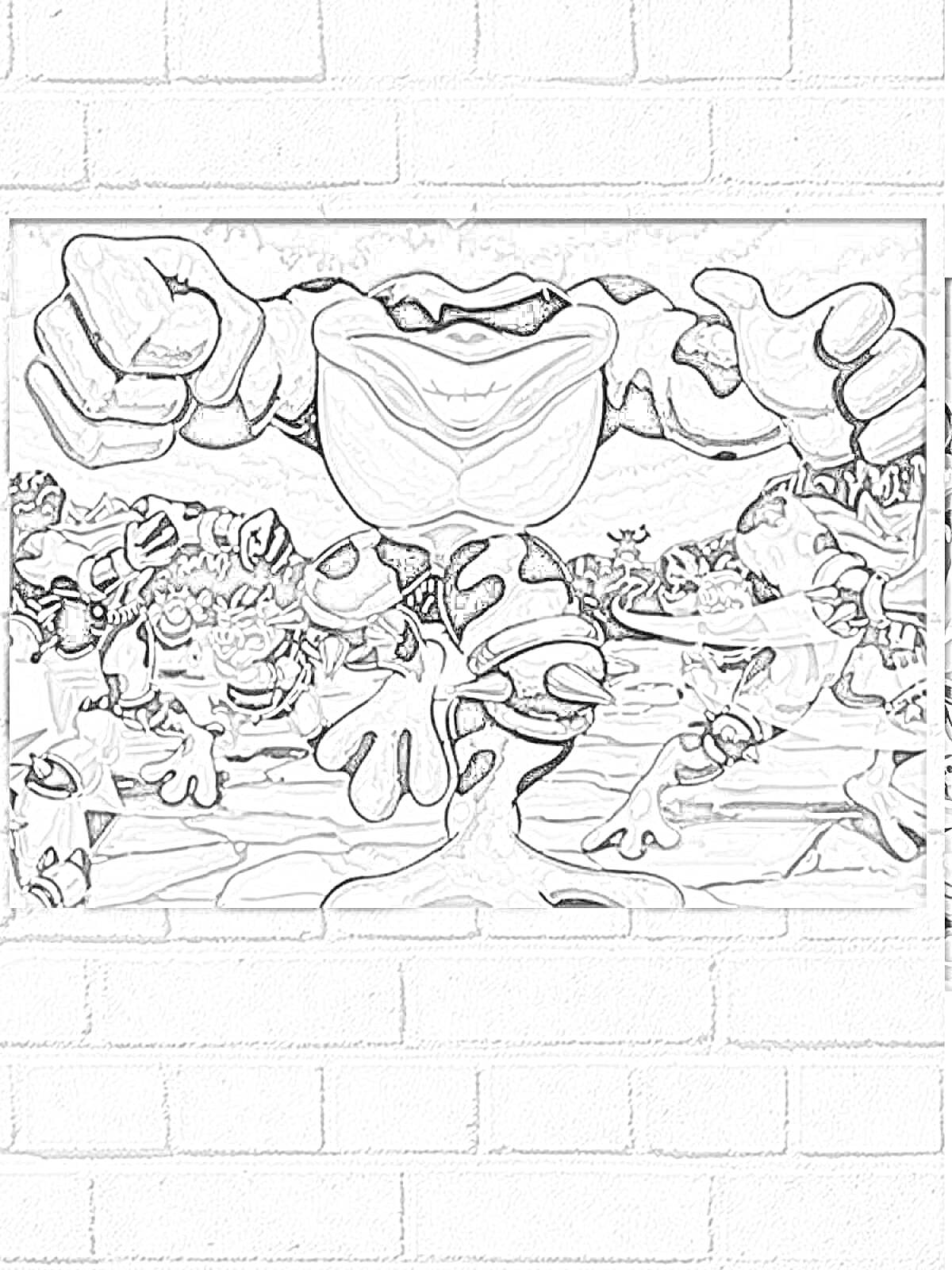 Раскраска Группа боевых жаб на фоне кирпичной стены