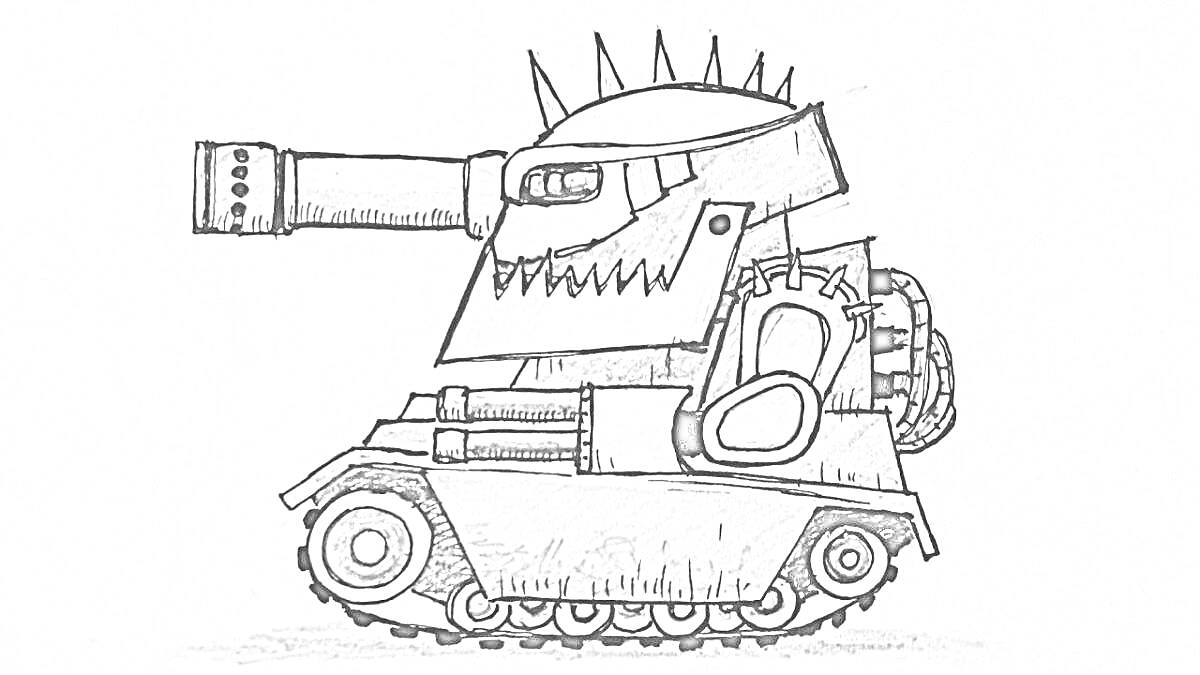 Раскраска танк с глазами и шипами на башне