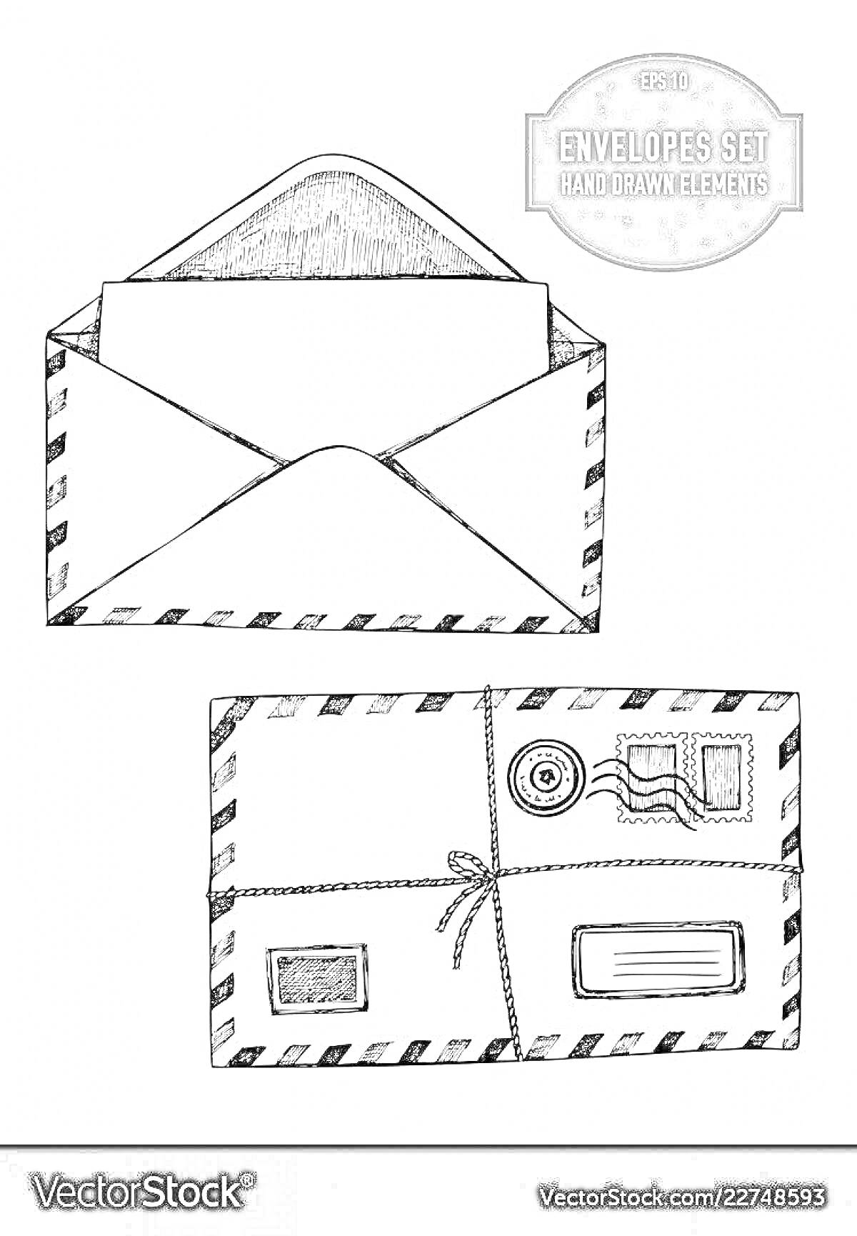 Раскраска Конверт с письмом и декоративный конверт с узором и печатью