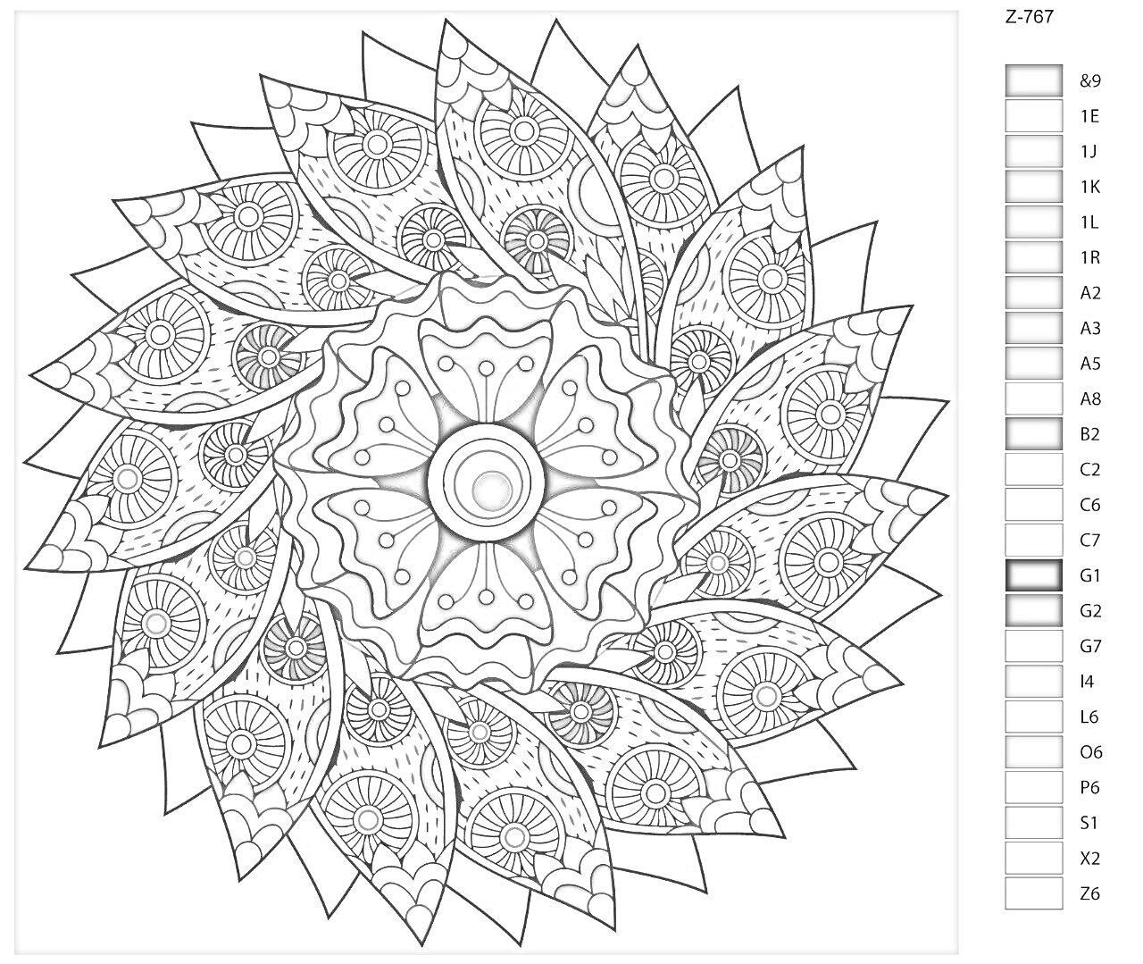 Раскраска Раскраска по номерам мандала с элементами в виде секторов, лепестков, цветочных узоров и центрального круглого цветка