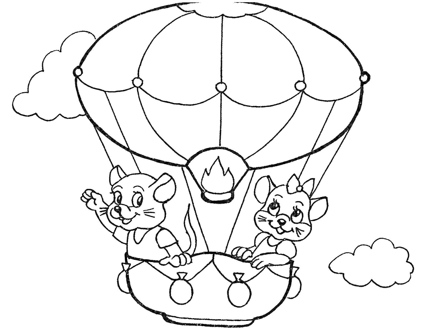 Раскраска Два очаровательных котенка летят на воздушном шаре