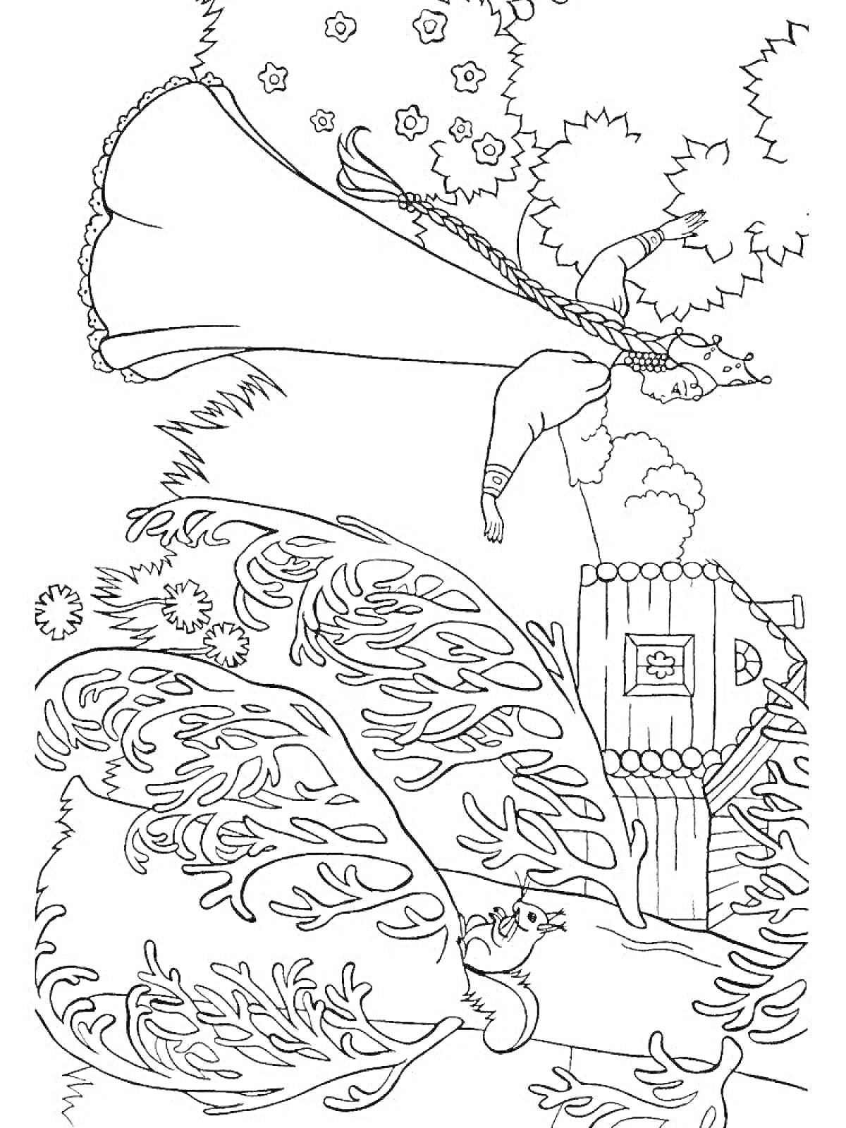 Раскраска Портрет царевны с цветочной короной на фоне избушки и дерева