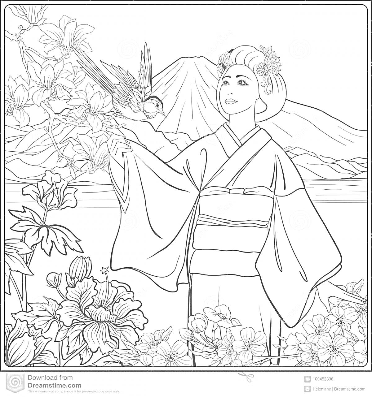 На раскраске изображено: Гейша, Цветы, Птица, Природа, Япония, Кимоно