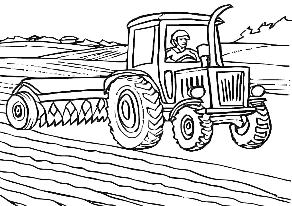 Раскраска Трактор с водителем на поле с сельскохозяйственным оборудованием