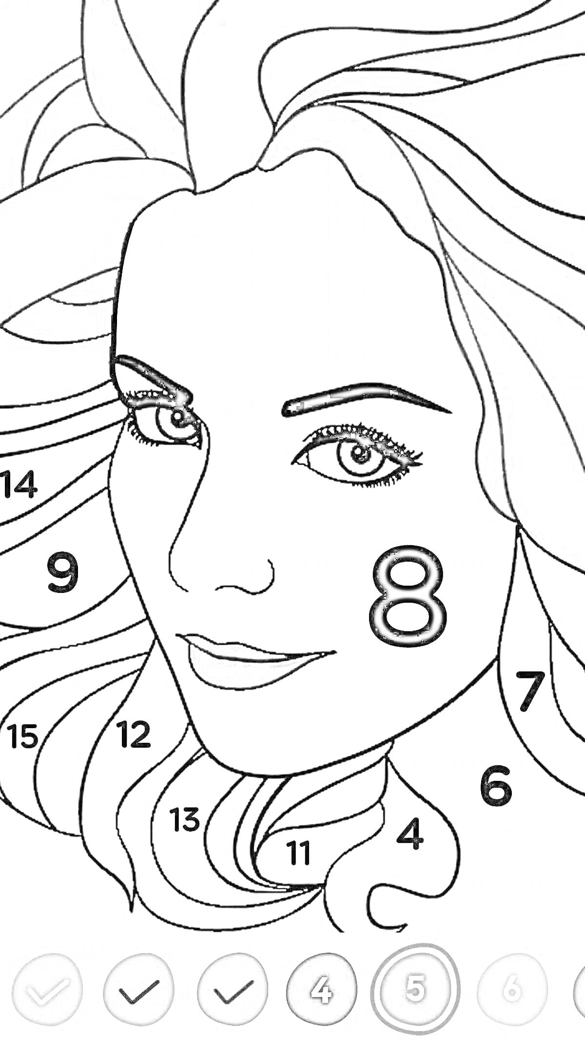 На раскраске изображено: Хэппи колор, Женское лицо, Развевающиеся волосы, Мобильное приложение, Искусство, Расслабление