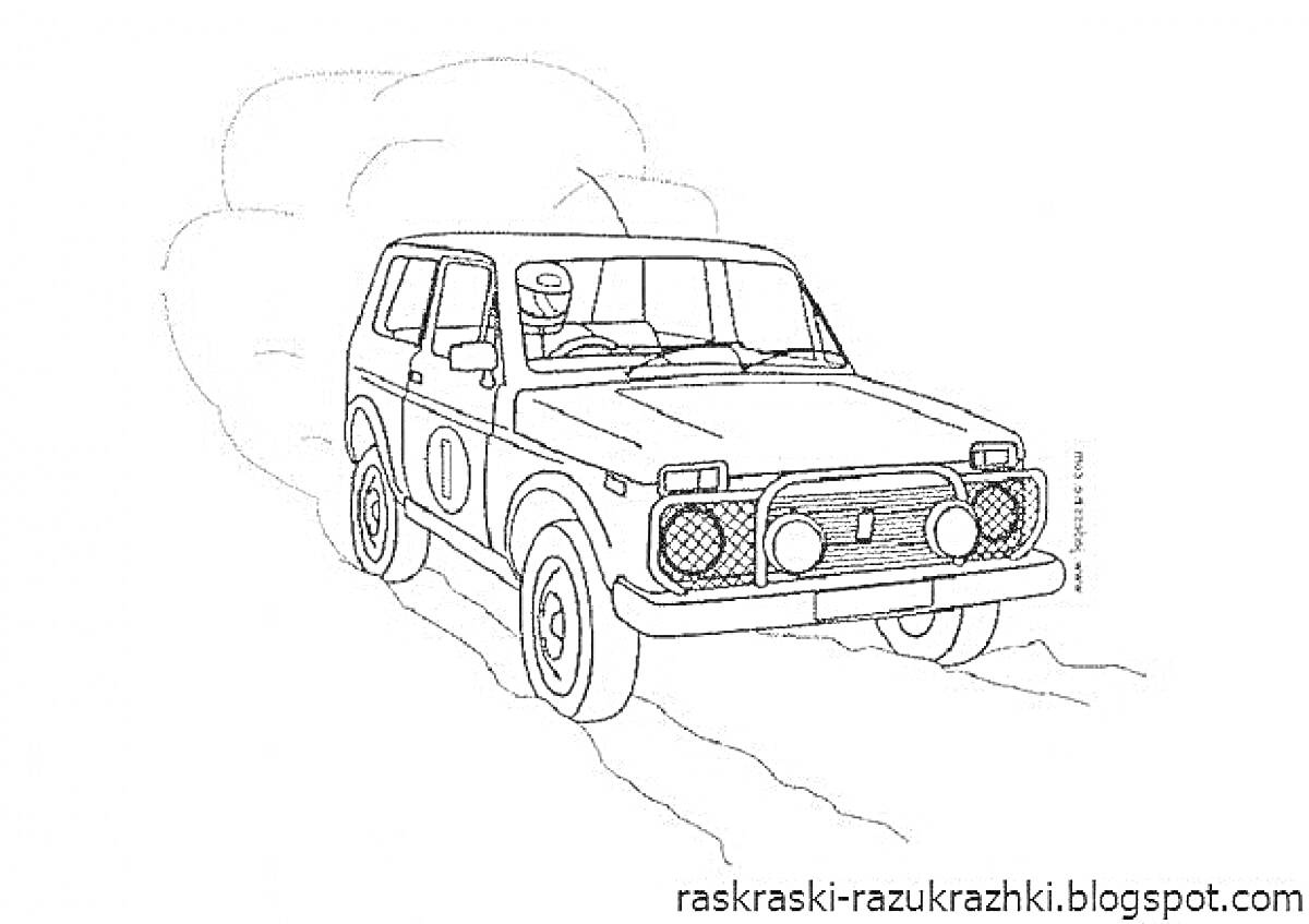 Раскраска Нива на дороге с дымом, водитель за рулем