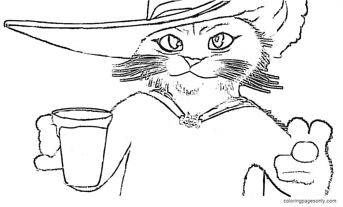 На раскраске изображено: Кот в сапогах, Шляпа, Стакан, Из мультфильмов, Кот, Усы, Лапы, Сказочный персонаж