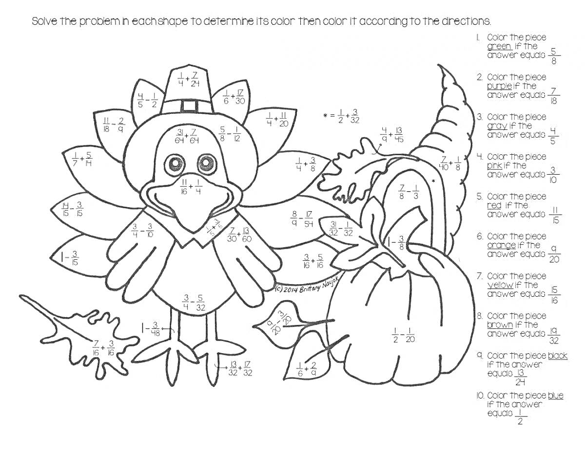 На раскраске изображено: Дроби, Индейка, Тыква, Листья, Математика, Решение задач, Школа