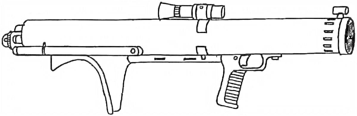 На раскраске изображено: Гранатомет, Оружие, Военная техника, Прицел, Пистолетная рукоятка