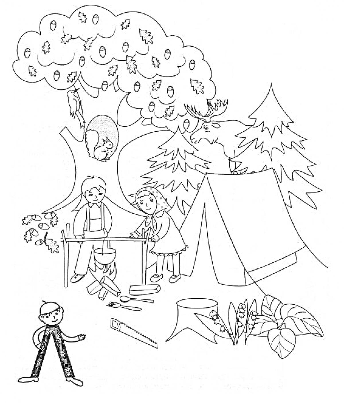 На раскраске изображено: Лес, Палатка, Животные, Пила, Пень, Листья